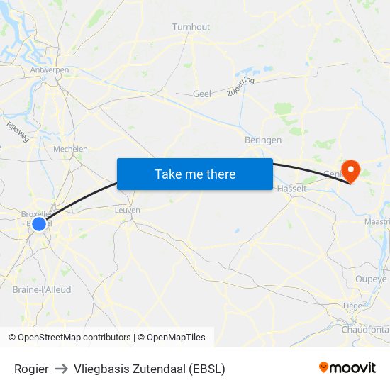 Rogier to Vliegbasis Zutendaal (EBSL) map