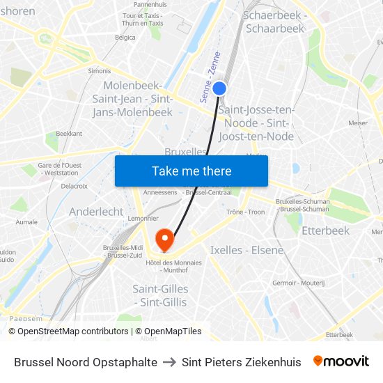Brussel Noord Opstaphalte to Sint Pieters Ziekenhuis map