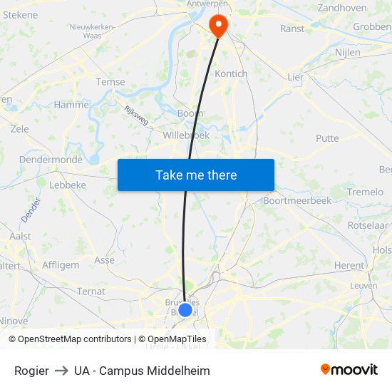 Rogier to UA - Campus Middelheim map