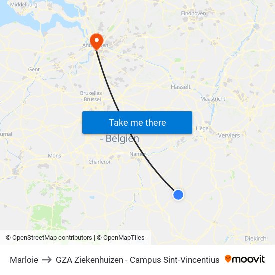 Marloie to GZA Ziekenhuizen - Campus Sint-Vincentius map