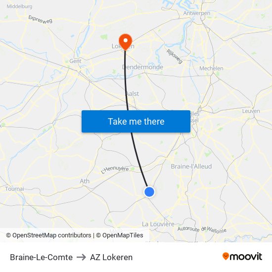 Braine-Le-Comte to AZ Lokeren map