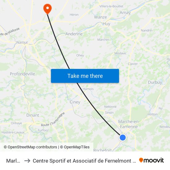 Marloie to Centre Sportif et Associatif de Fernelmont (CSAF) map