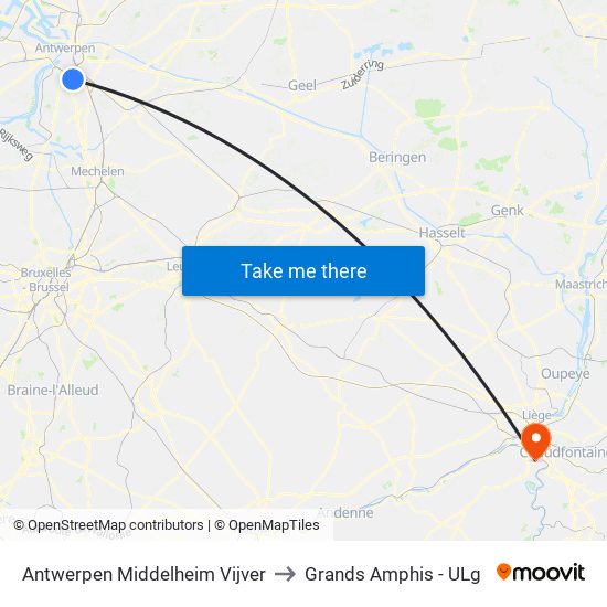 Antwerpen Middelheim Vijver to Grands Amphis - ULg map