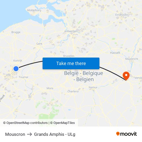 Mouscron to Grands Amphis - ULg map