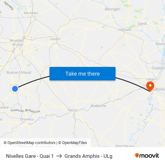 Nivelles Gare - Quai 1 to Grands Amphis - ULg map