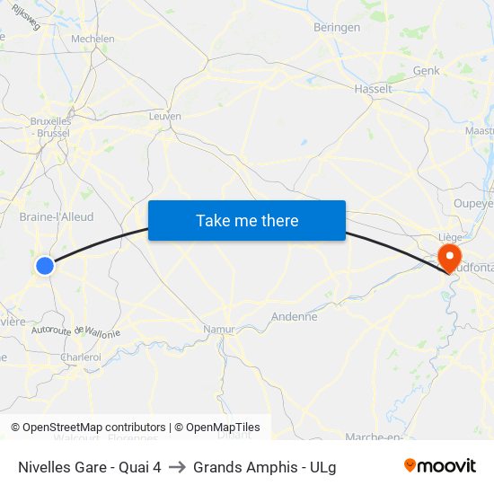Nivelles Gare - Quai 4 to Grands Amphis - ULg map