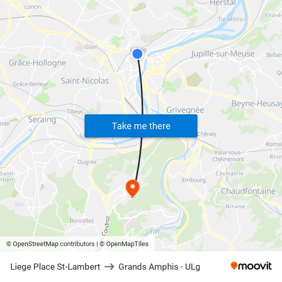 Liege Place St-Lambert to Grands Amphis - ULg map