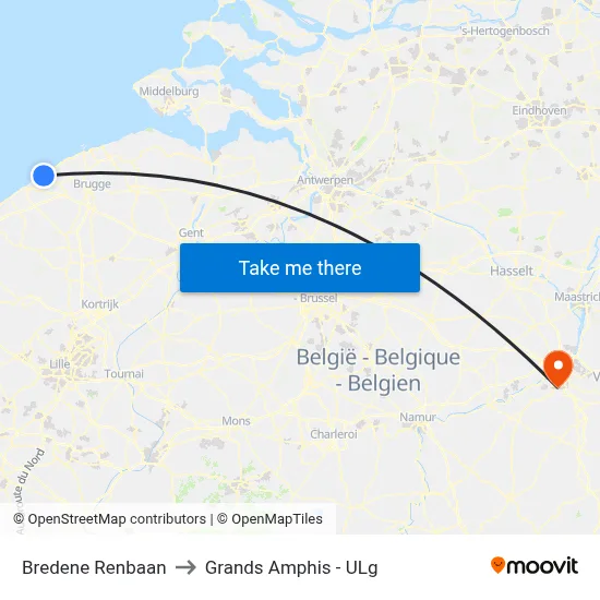 Bredene Renbaan to Grands Amphis - ULg map
