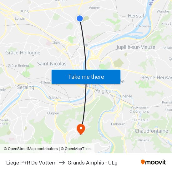 Liege P+R De Vottem to Grands Amphis - ULg map