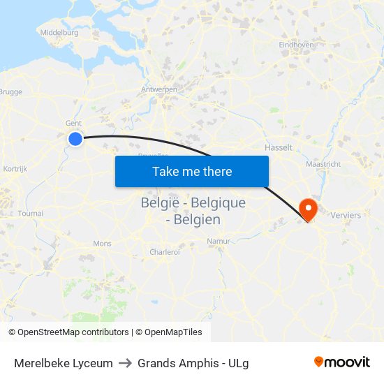 Merelbeke Lyceum to Grands Amphis - ULg map