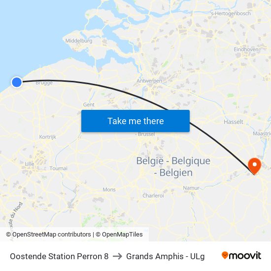Oostende Station Perron 8 to Grands Amphis - ULg map