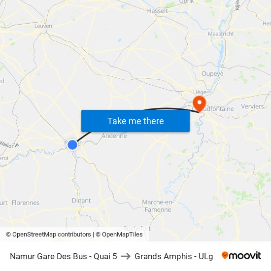 Namur Gare Des Bus - Quai 5 to Grands Amphis - ULg map
