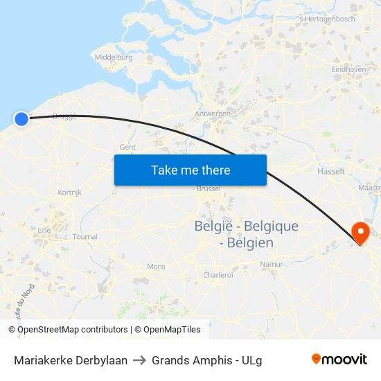 Mariakerke Derbylaan to Grands Amphis - ULg map