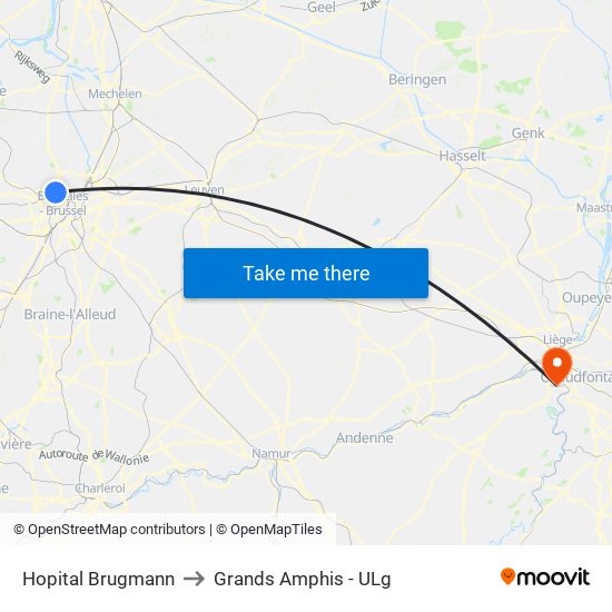 Hopital Brugmann to Grands Amphis - ULg map