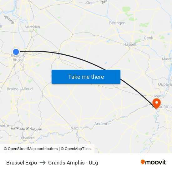 Brussel Expo to Grands Amphis - ULg map