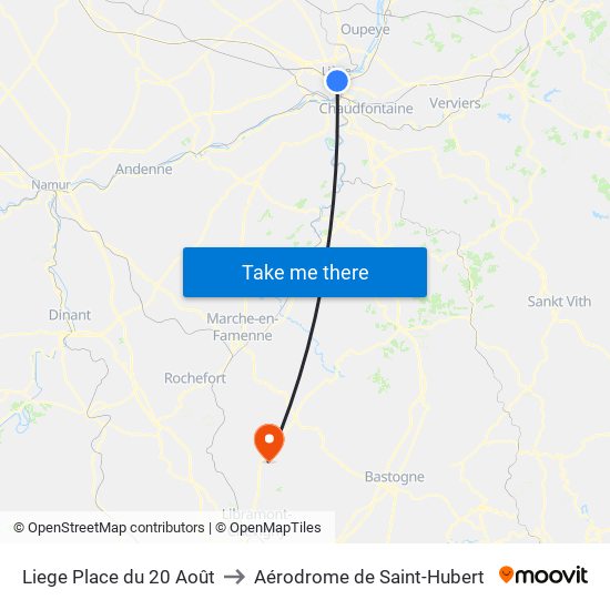 Liege Place du 20 Août to Aérodrome de Saint-Hubert map