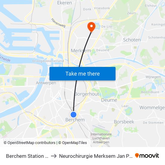 Berchem Station Perron 22 to Neurochirurgie Merksem Jan Palfijn Dr.A.Dweik map