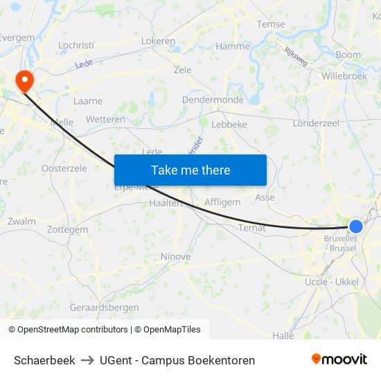 Schaerbeek to UGent - Campus Boekentoren map