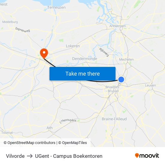 Vilvorde to UGent - Campus Boekentoren map