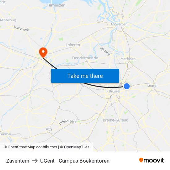 Zaventem to UGent - Campus Boekentoren map