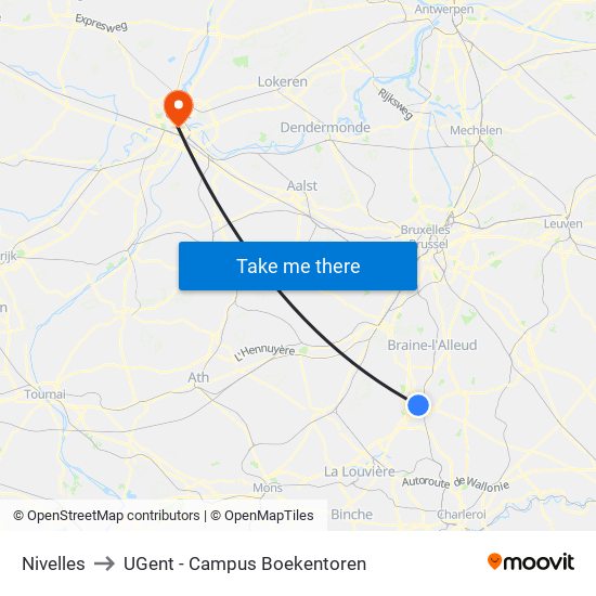 Nivelles to UGent - Campus Boekentoren map