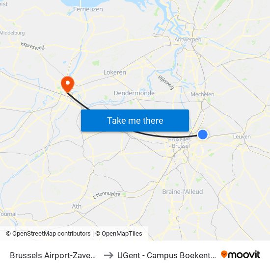 Brussels Airport-Zaventem to UGent - Campus Boekentoren map
