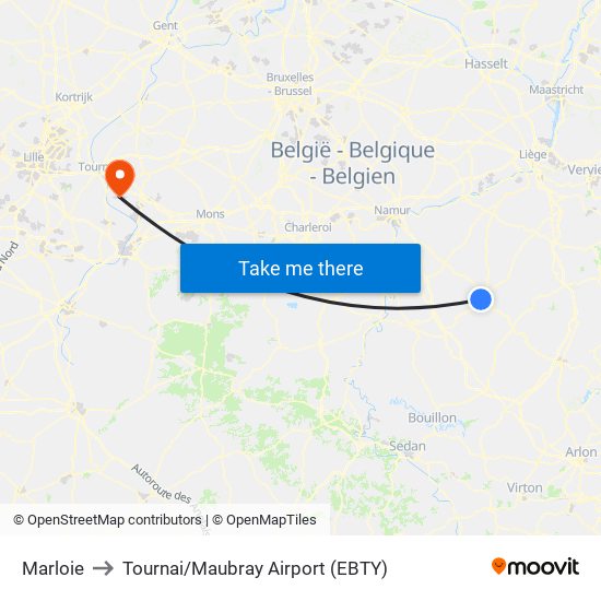 Marloie to Tournai/Maubray Airport (EBTY) map