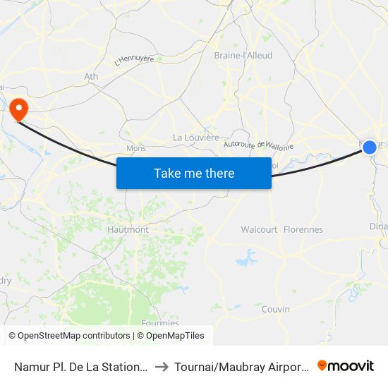 Namur Pl. De La Station - Quai B to Tournai/Maubray Airport (EBTY) map