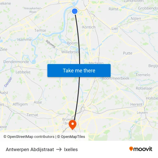 Antwerpen Abdijstraat to Ixelles map