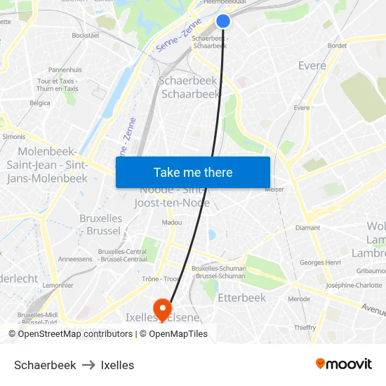Schaerbeek to Ixelles map