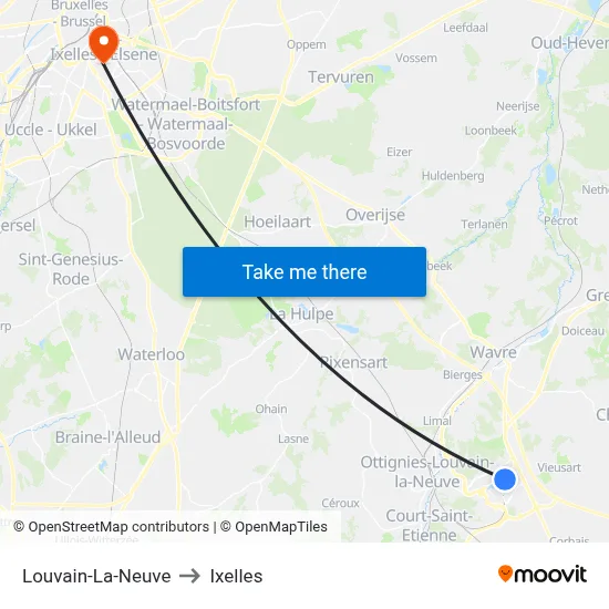 Louvain-La-Neuve to Ixelles map