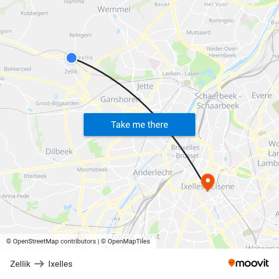 Zellik to Ixelles map