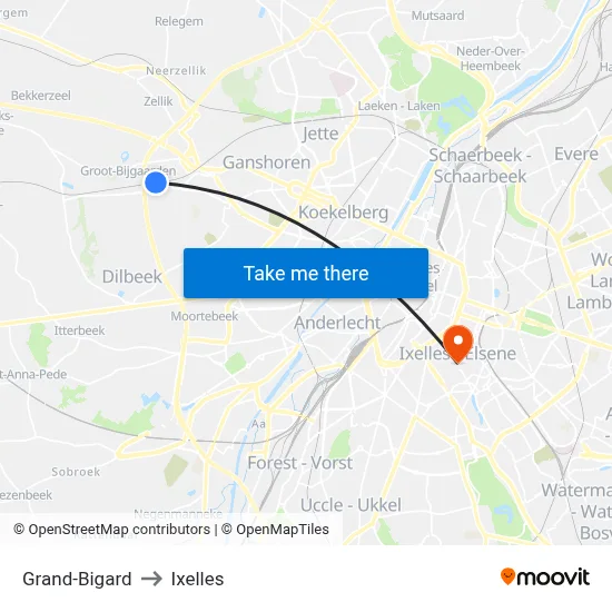 Grand-Bigard to Ixelles map