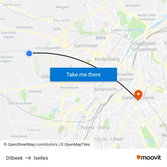 Dilbeek to Ixelles map