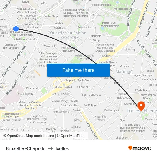 Bruxelles-Chapelle to Ixelles map