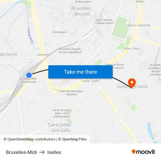 Bruxelles-Midi to Ixelles map