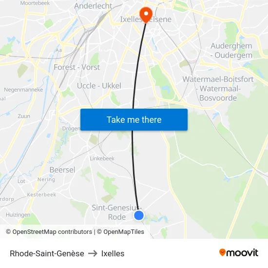 Rhode-Saint-Genèse to Ixelles map