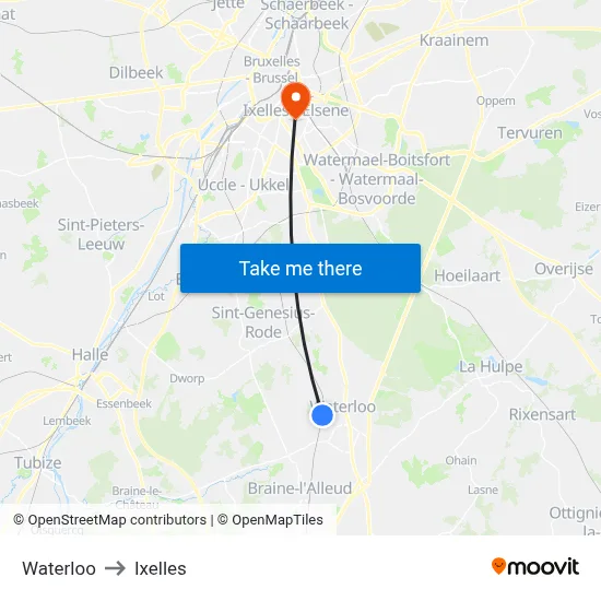 Waterloo to Ixelles map
