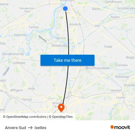 Anvers-Sud to Ixelles map