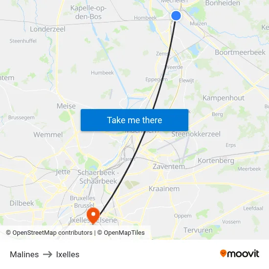 Malines to Ixelles map
