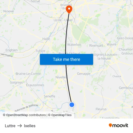 Luttre to Ixelles map