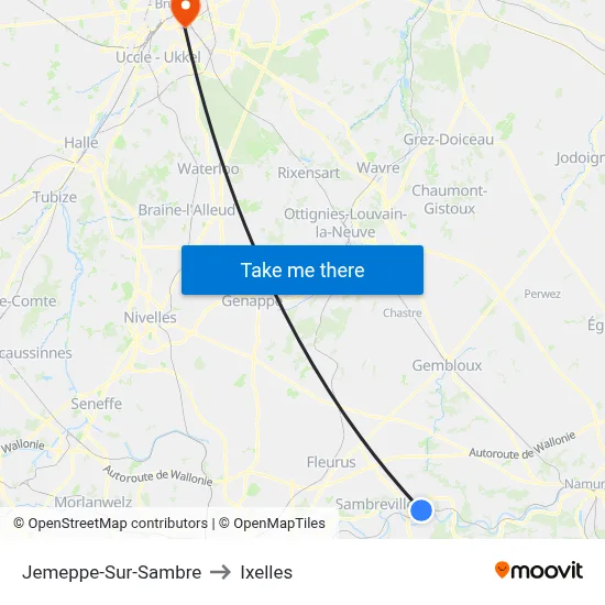 Jemeppe-Sur-Sambre to Ixelles map