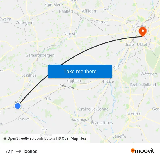 Ath to Ixelles map