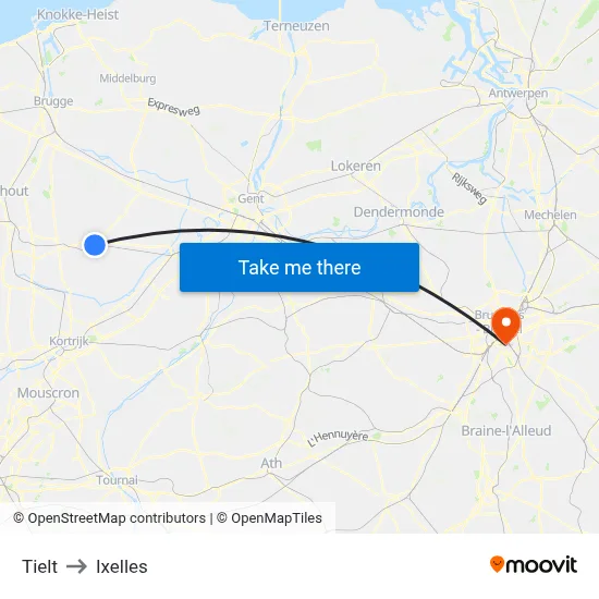 Tielt to Ixelles map