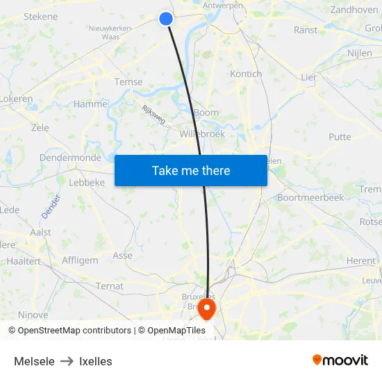 Melsele to Ixelles map