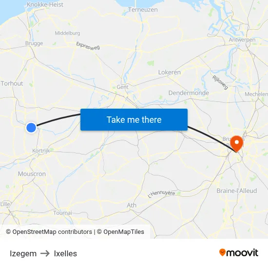 Izegem to Ixelles map