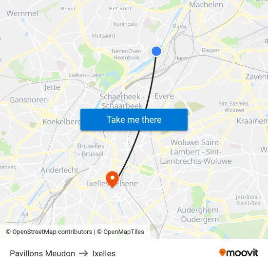 Pavillons Meudon to Ixelles map