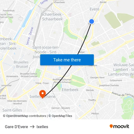 Gare D'Evere to Ixelles map