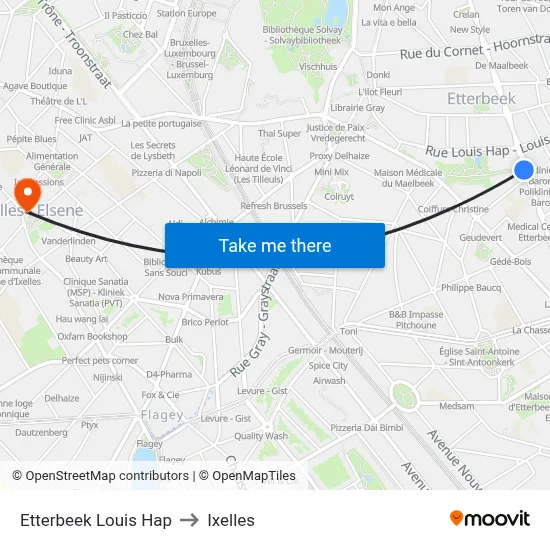 Etterbeek Louis Hap to Ixelles map