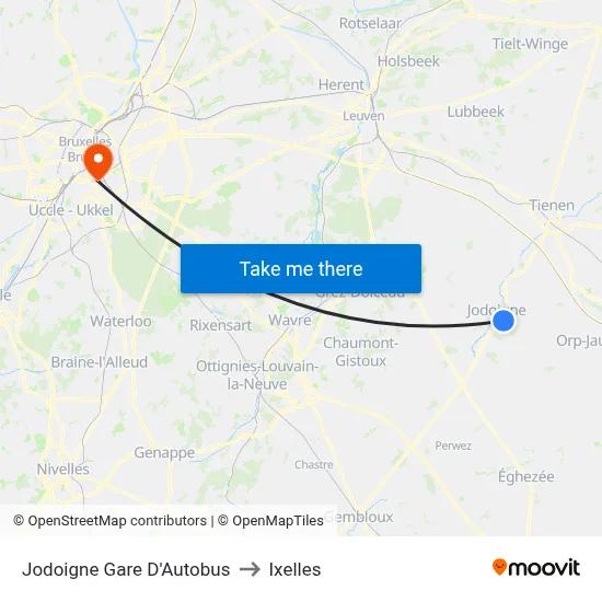 Jodoigne Gare D'Autobus to Ixelles map